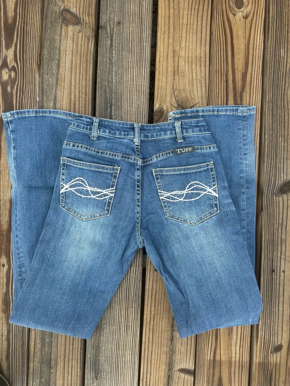 Cowgirl Tuff Blue Denim Bootcut Jeans with White Embroidered Pockets